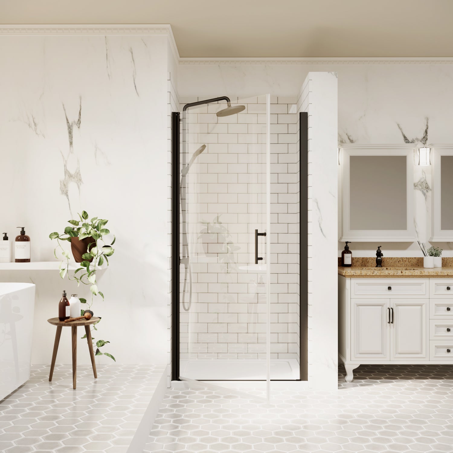 Matte black framed pivot shower door closed in a modern white bathroom | Ace Decor