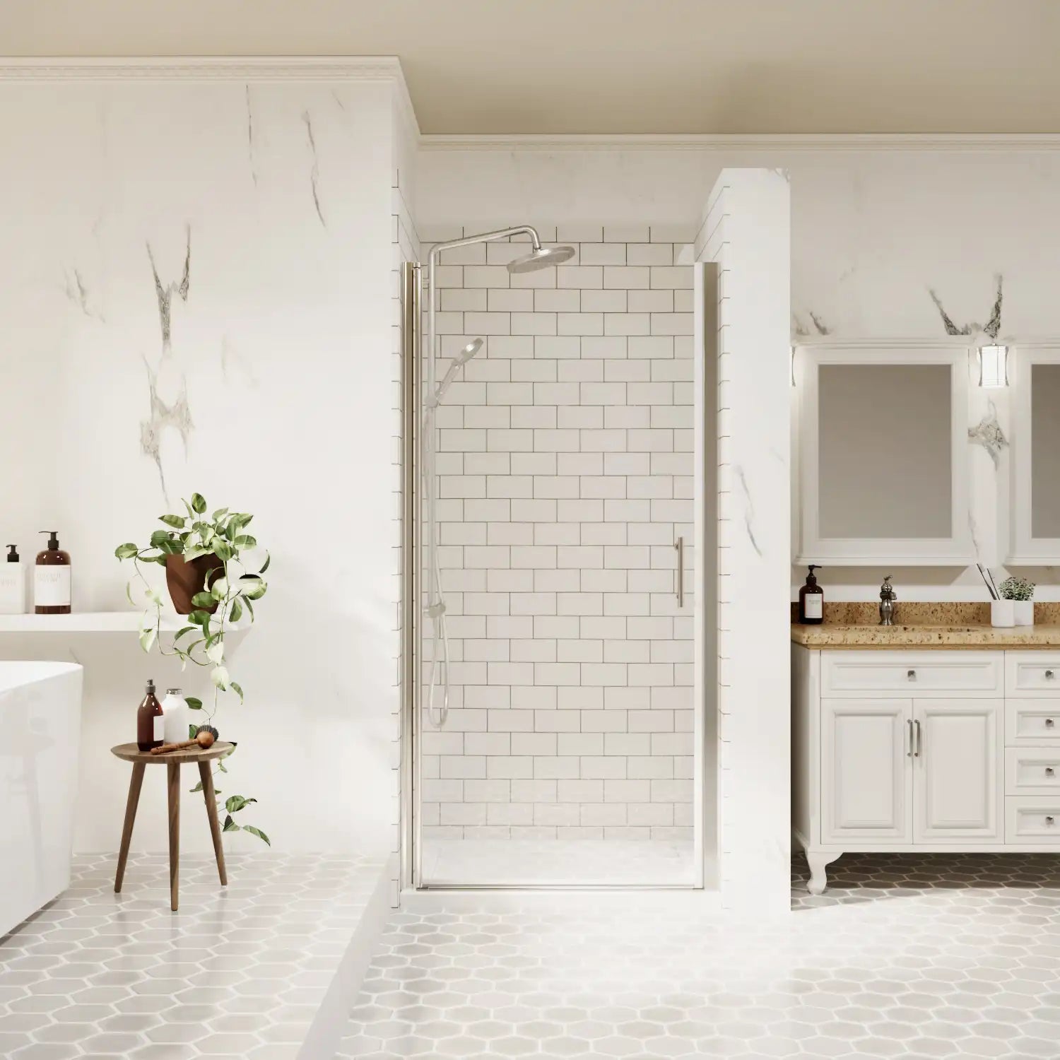 Chrome framed pivot shower door fully closed in a modern white bathroom | Ace Decor