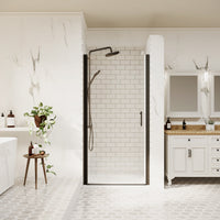 Modern walk-in shower with black-framed pivot door in a white marble bathroom.