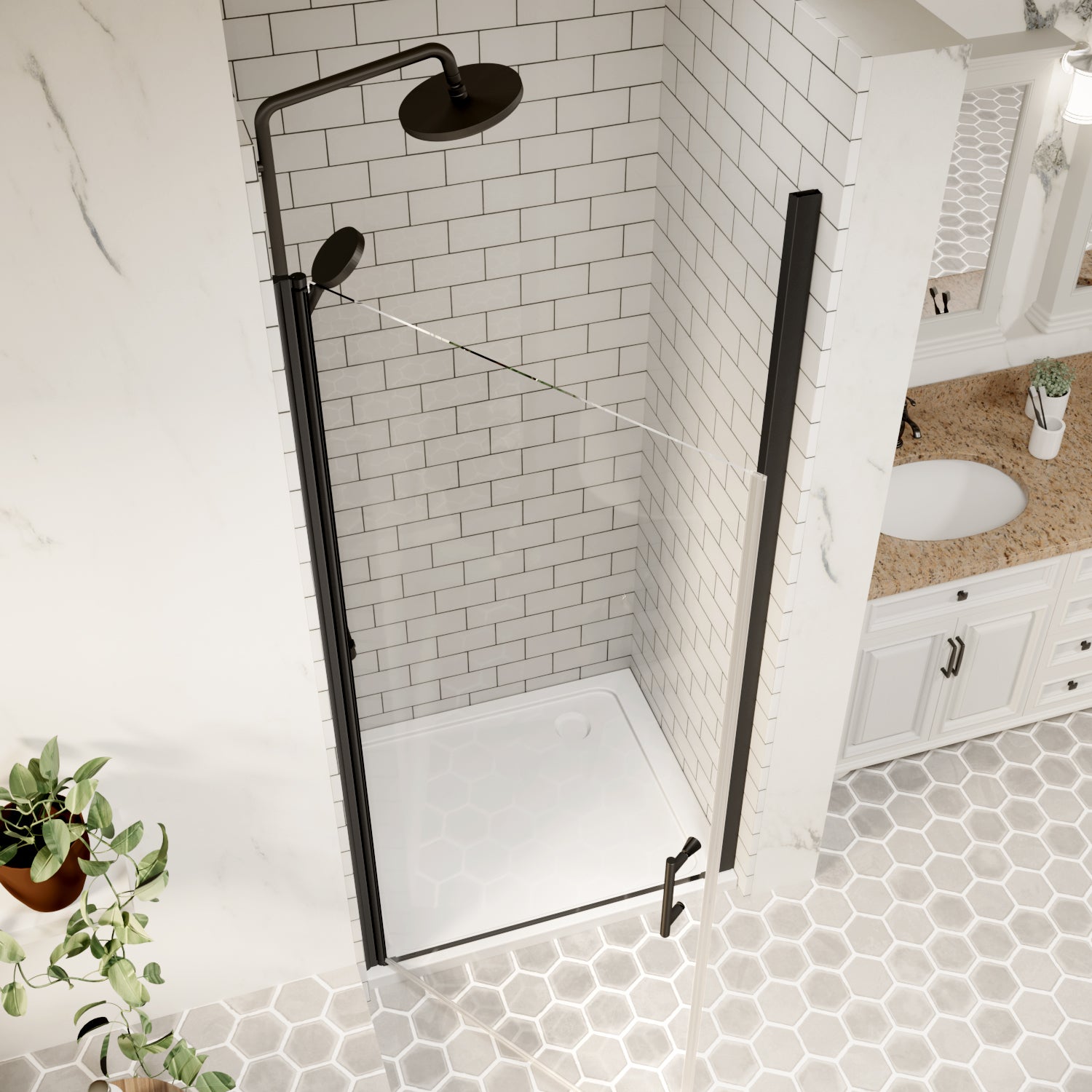 Top-down view of closed matte black framed pivot shower door in a tiled bathroom | Ace Decor