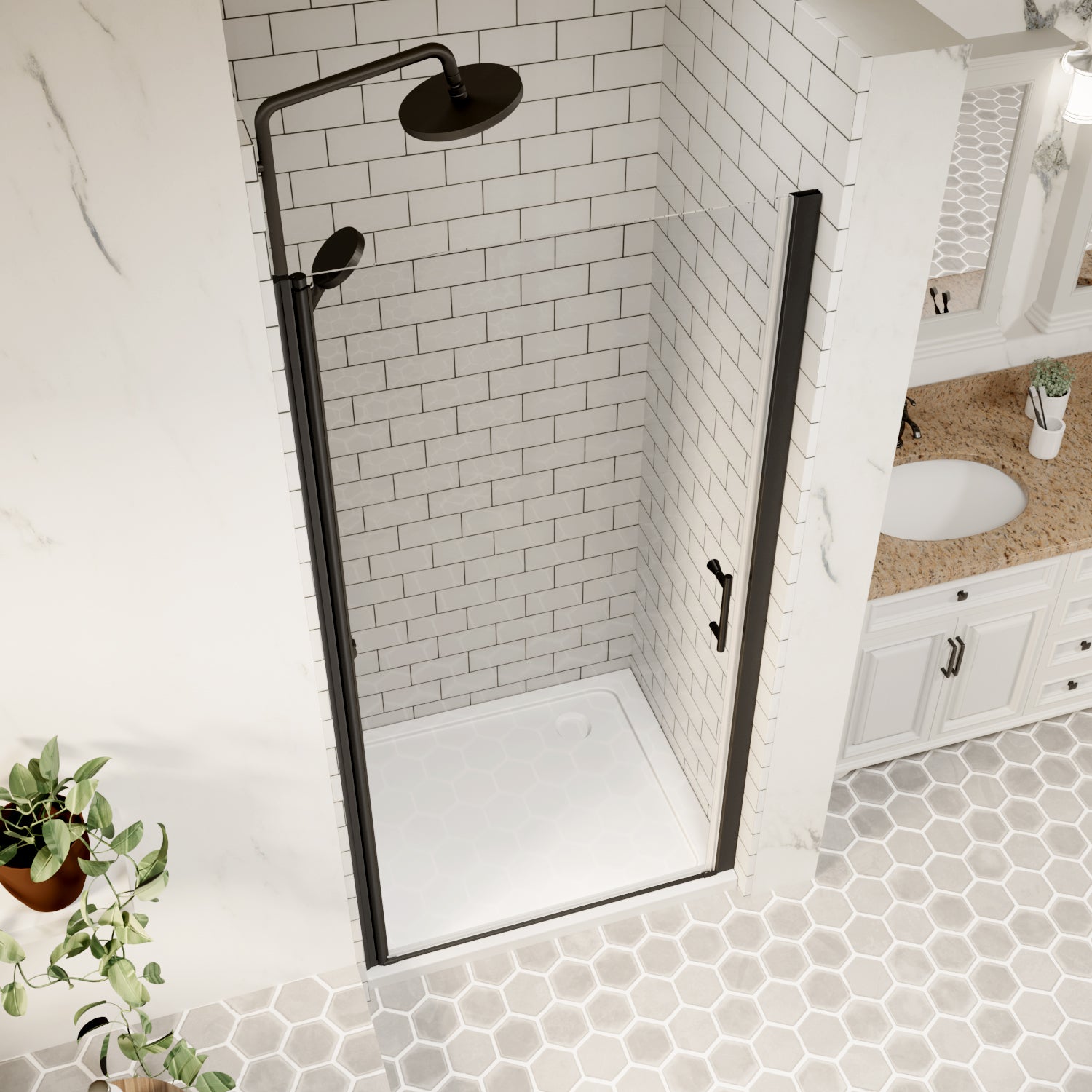 Top-down view of matte black framed pivot shower door opened in a tiled bathroom | Ace Decor