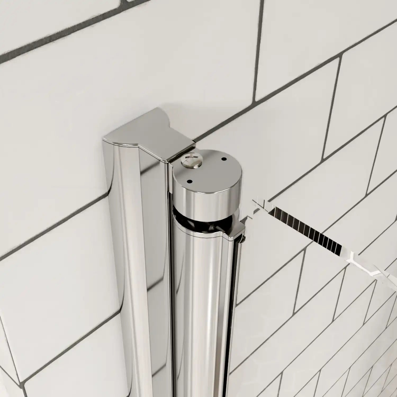 Chrome pivot hinge detail on clear glass shower door with subway tile wall | Ace Decor