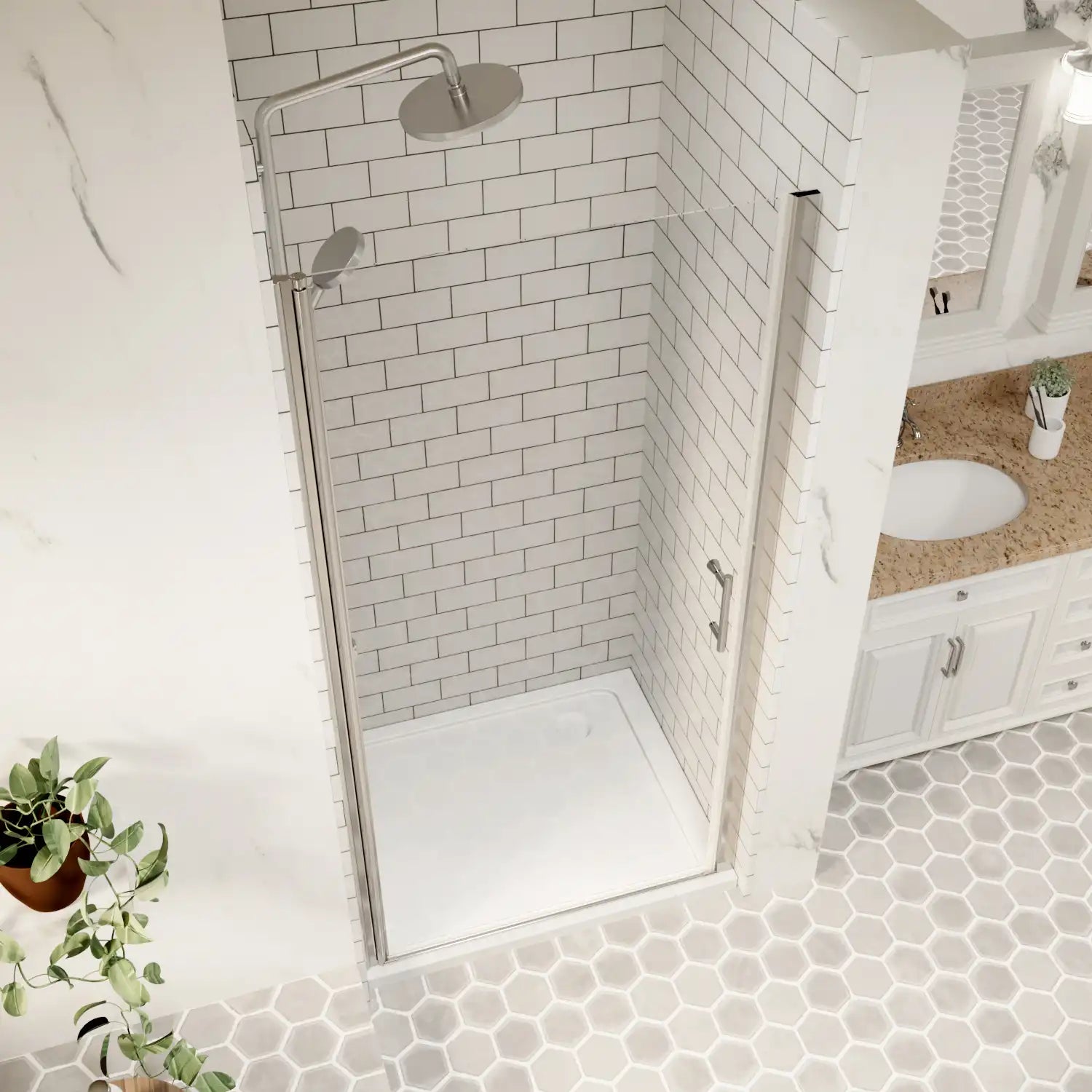 Top-down view of closed chrome framed pivot shower door in a tiled bathroom | Ace Decor