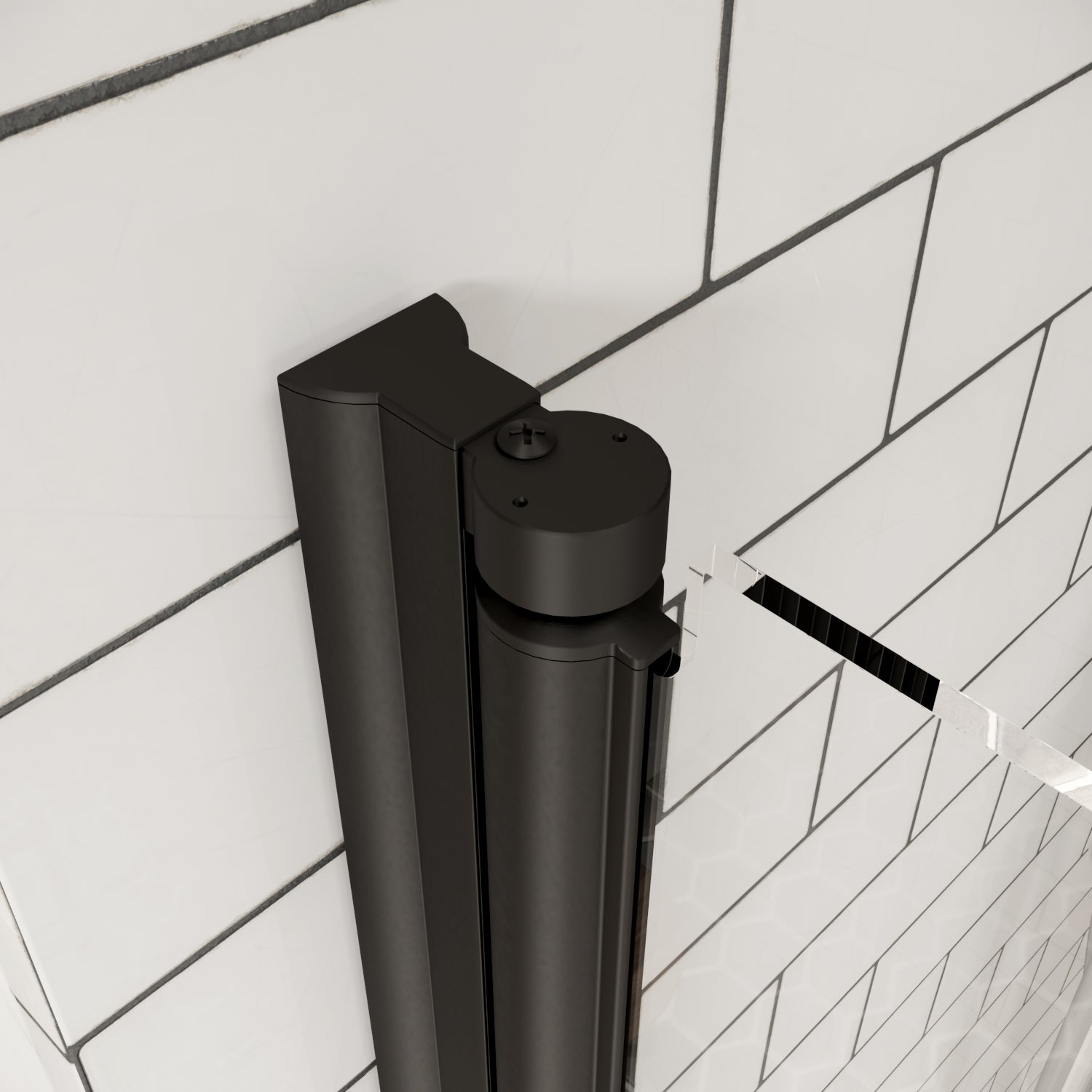 Matte black pivot hinge detail on clear glass shower door | Ace Decor