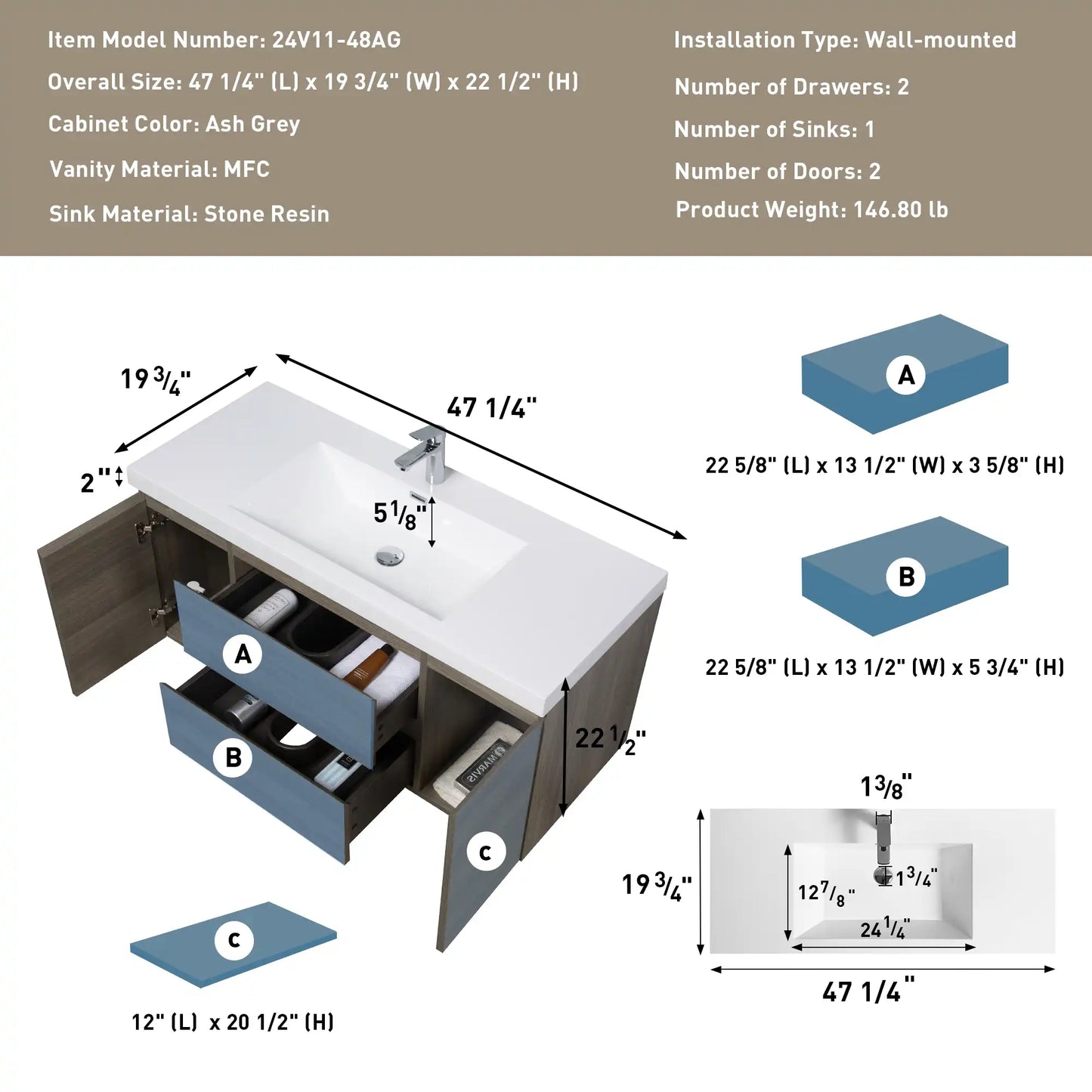 Modern Floating Bathroom Vanity with Resin Top Basin & Soft Close Drawers - Wall-Mounted Storage Cabinet color: Ash Grey