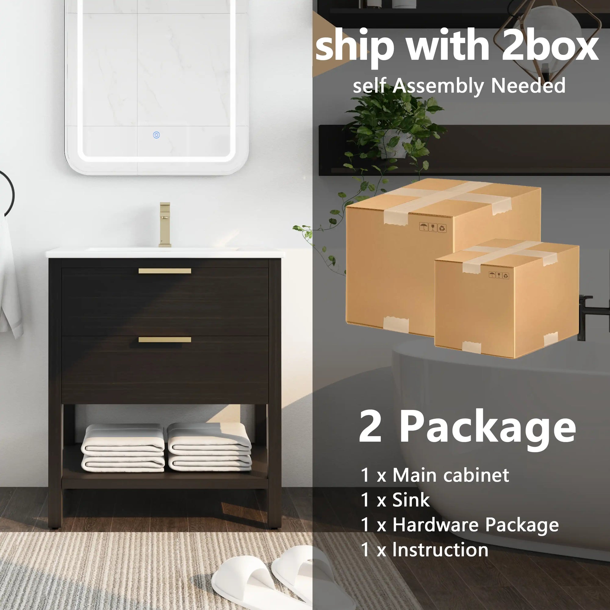 30" black vanity bathroom packaging and shipping details, freestanding vanity set | Ace Decor