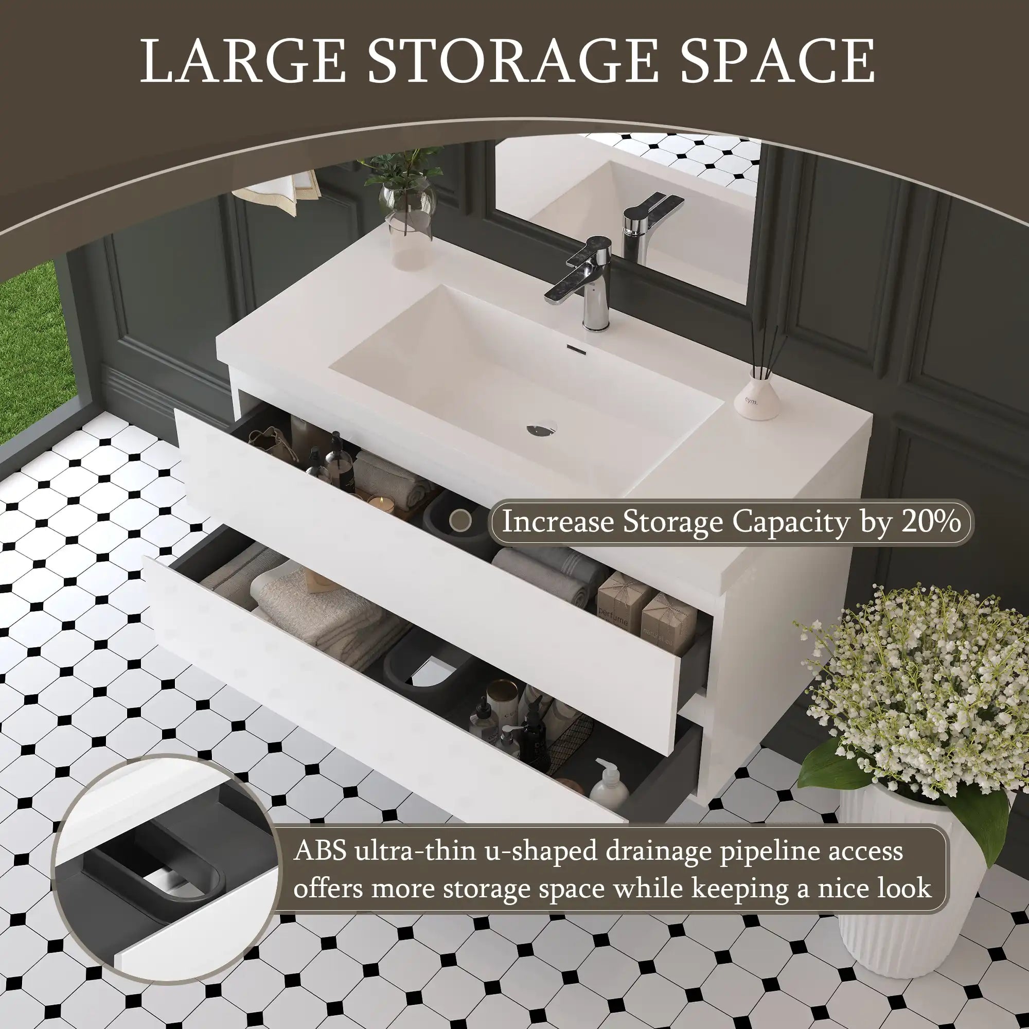 Oakmere Series 42" White Bathroom Floating Vanity with Resin Sink &amp; 2 Soft-Close Drawers