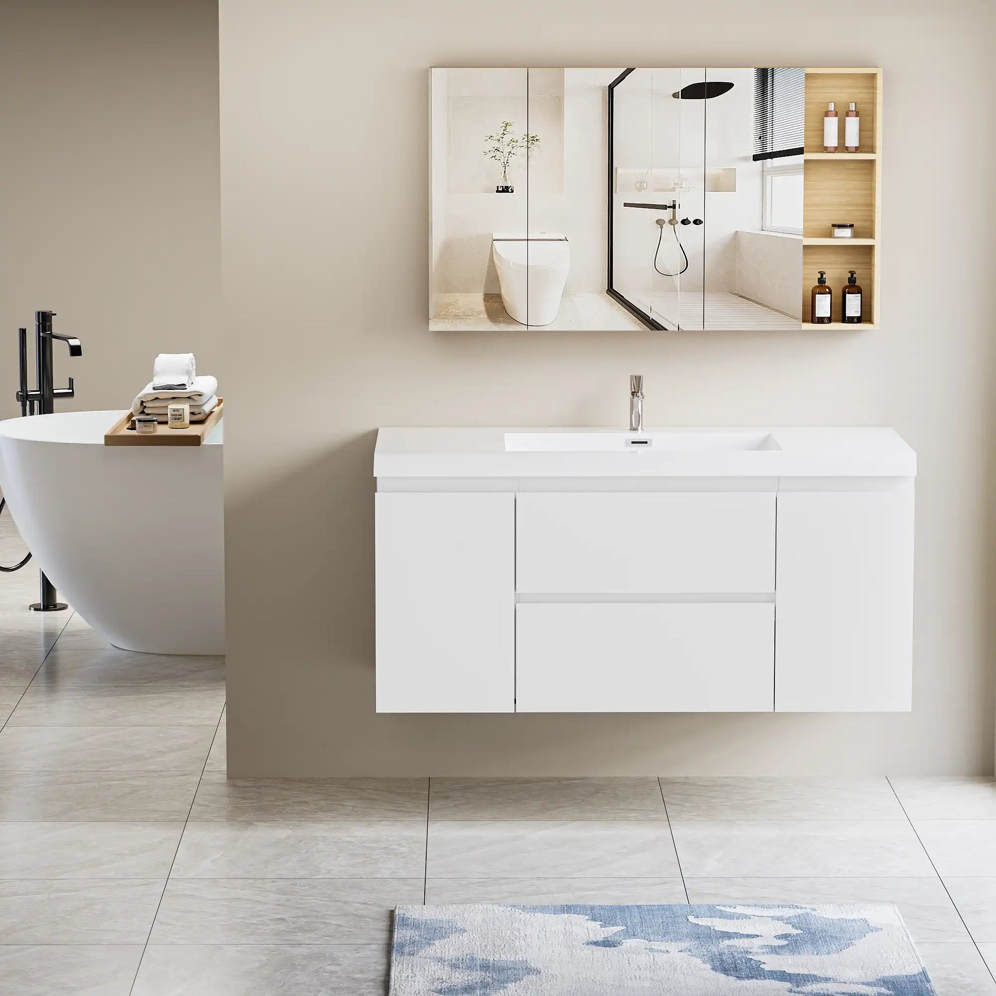 Modern Floating Bathroom Vanity with Resin Top Basin & Soft Close Drawers - Wall-Mounted Storage Cabinet color: White