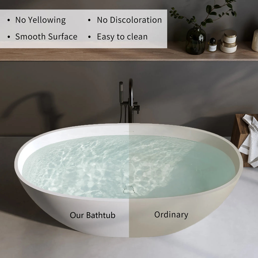 Abyss Series matte white soaking tub comparison, showing resistance to yellowing, discoloration, and easy-clean smooth surface.