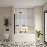 34 x 58 bathtub half glass door in full bathroom layout with modern fixtures and tile accents | Ace Decor