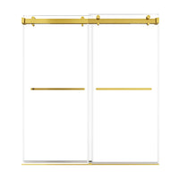 72 x 76 gold shower door sliding with frameless double glass panels and brushed gold hardware | Ace Decor