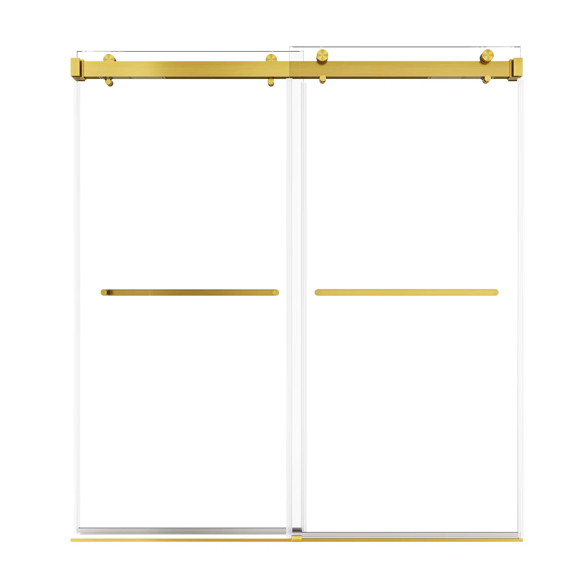 72 x 76 gold shower door sliding with frameless double glass panels and brushed gold hardware | Ace Decor