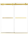 72 x 76 gold shower door sliding with frameless double glass panels and brushed gold hardware | Ace Decor