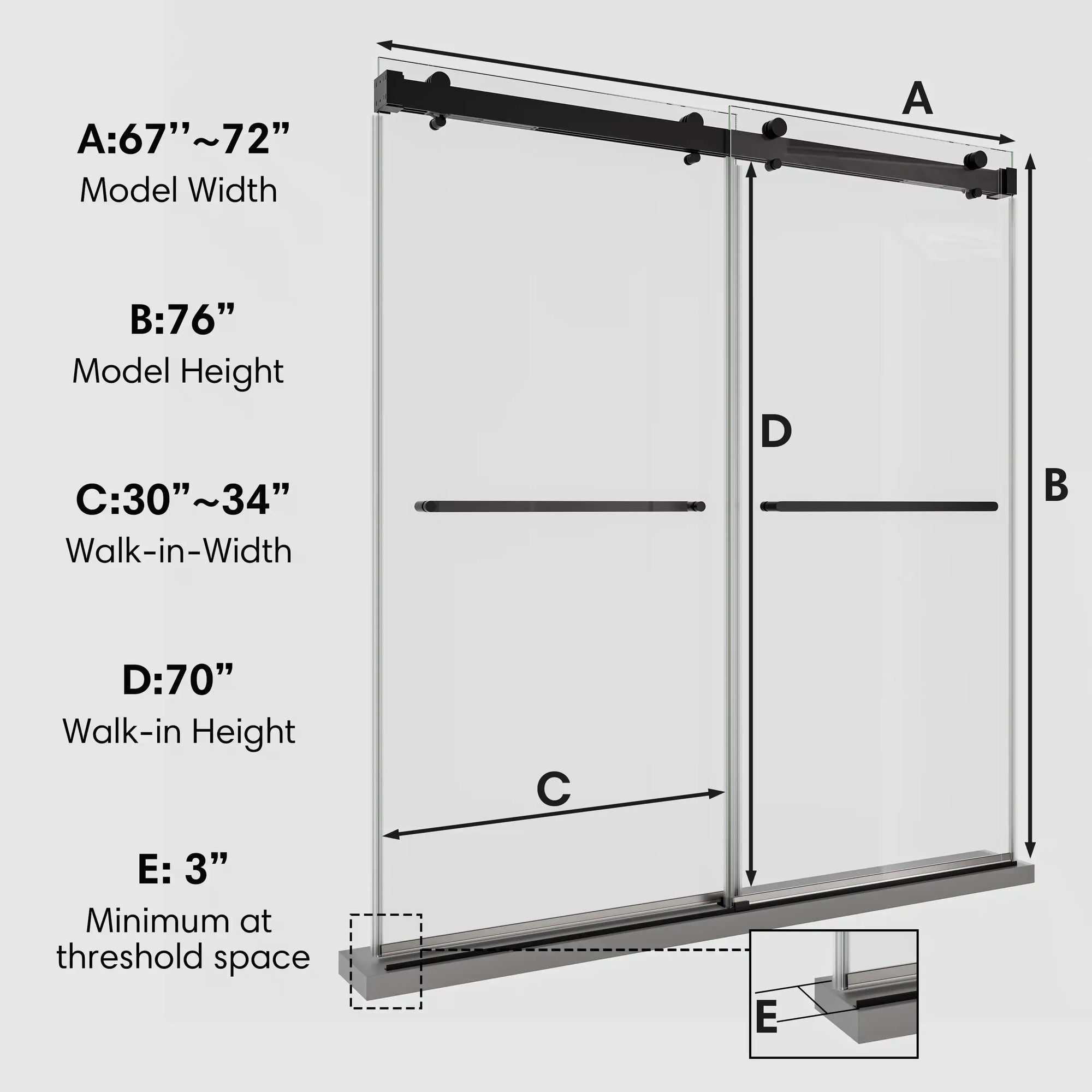 Dimension diagram of 72 x 76 matte black sliding shower door showing model width, height, and walk-in measurements for installation reference | Ace Decor