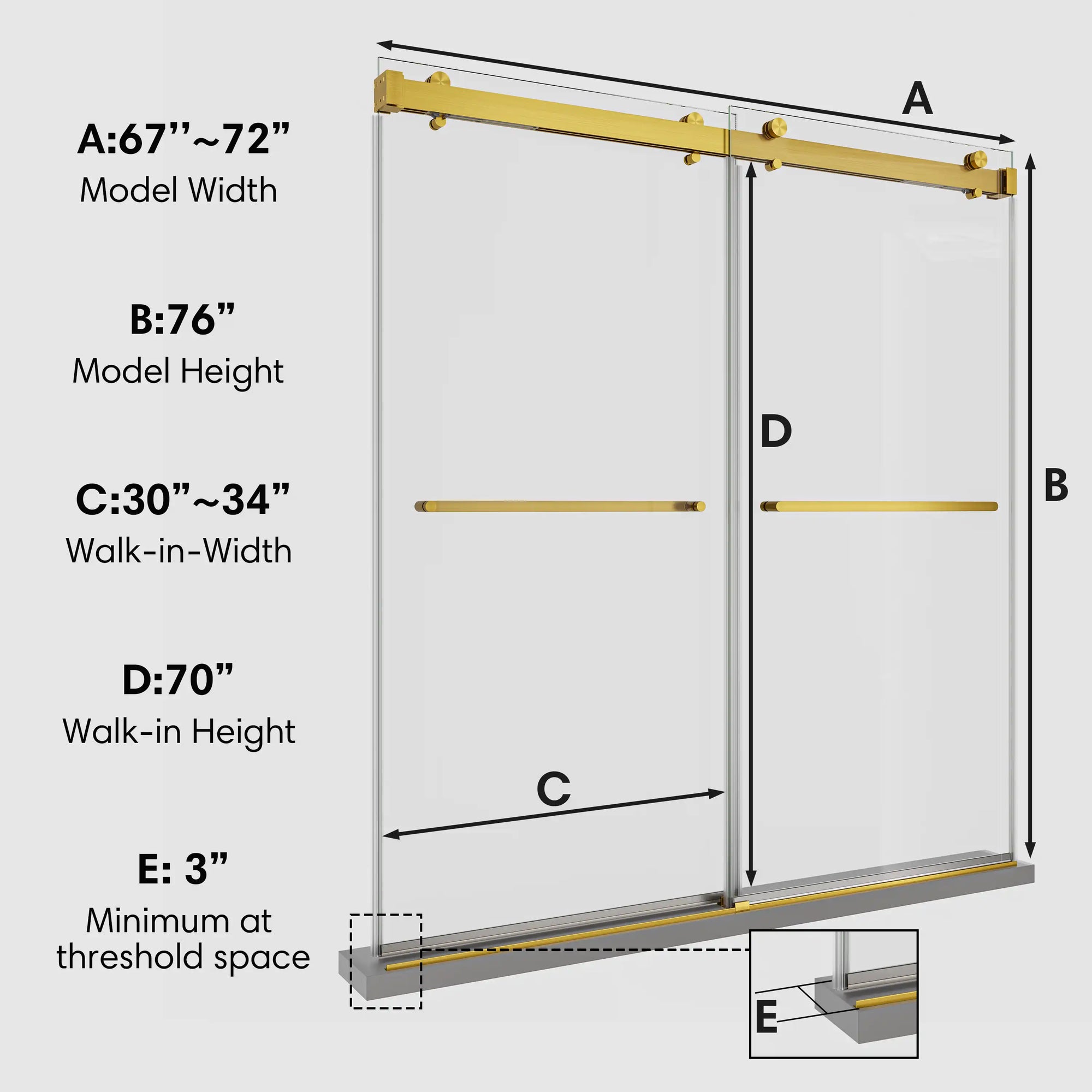 72 x 76 gold shower door sliding size chart showing model width, height, and walk-in dimensions with clear glass panels | Ace Decor