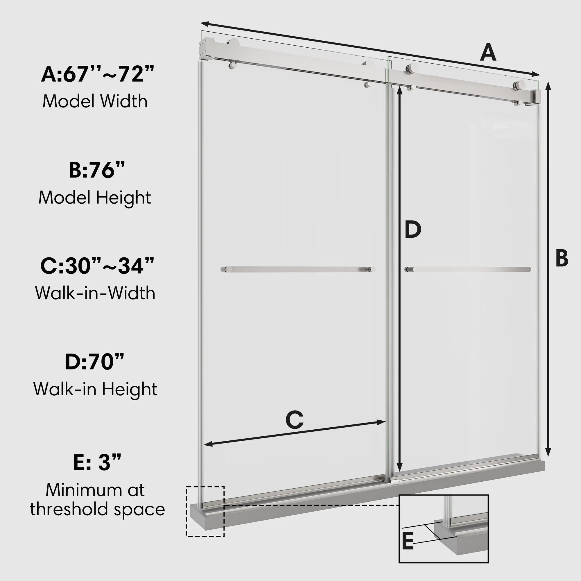 Dimension diagram of 72 x 76 chrome frameless shower door sliding design showing model width, height, and walk-in measurements for installation reference | Ace Decor