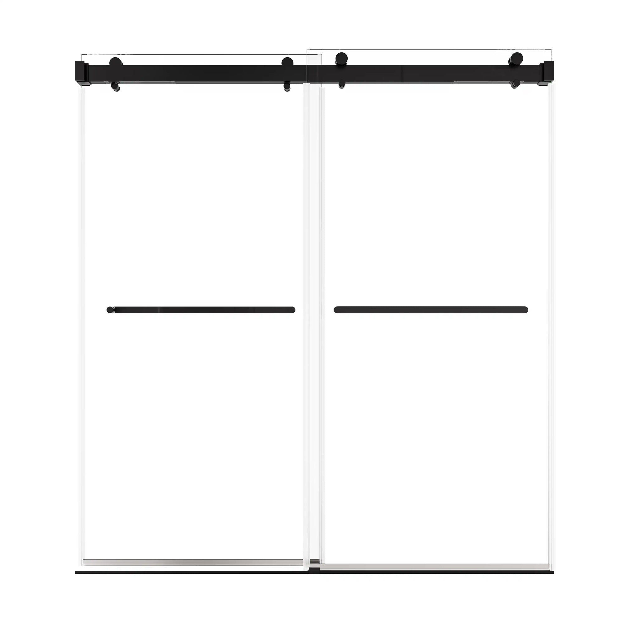 72 x 76 matte black sliding shower door with sleek frameless design and dual handles for modern bathrooms | Ace Decor