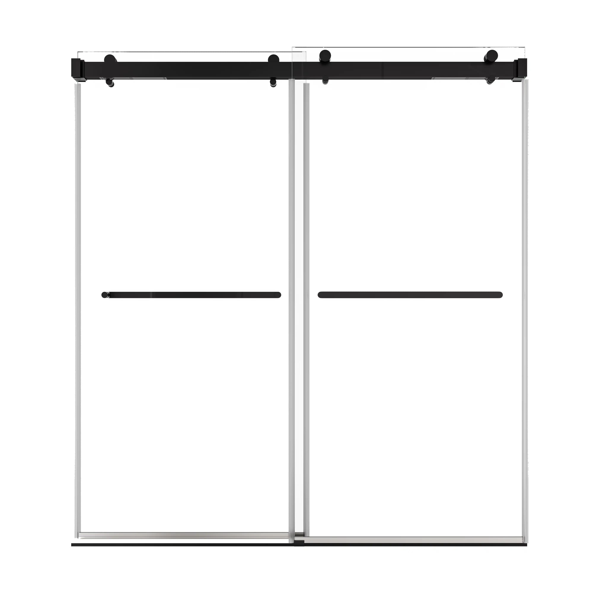 72 x 76 matte black sliding shower door with sleek frameless design and dual handles for modern bathrooms | Ace Decor