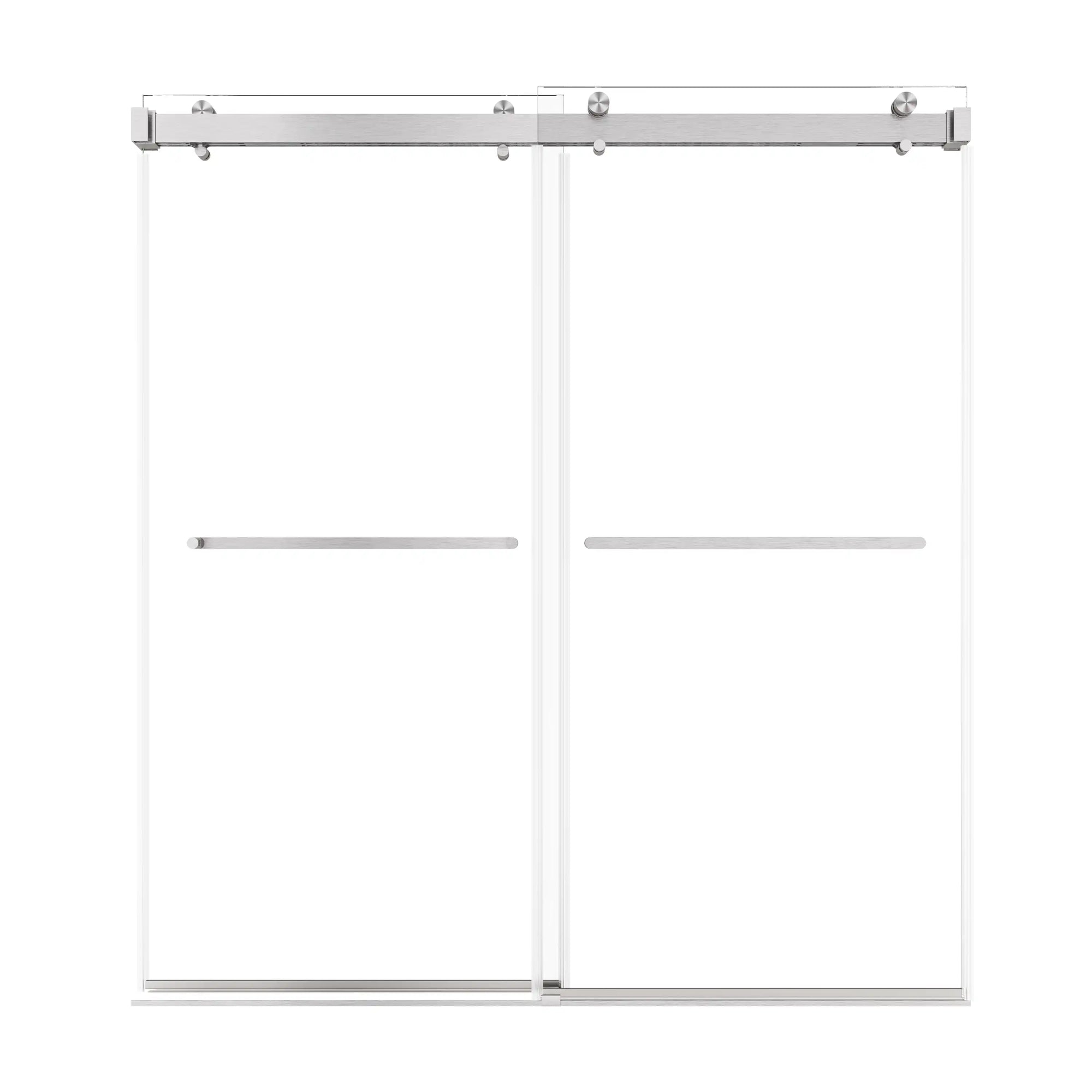 72 x 76 brushed nickel shower doors frameless design with dual glass panels and minimalist towel bar handles | Ace Decor