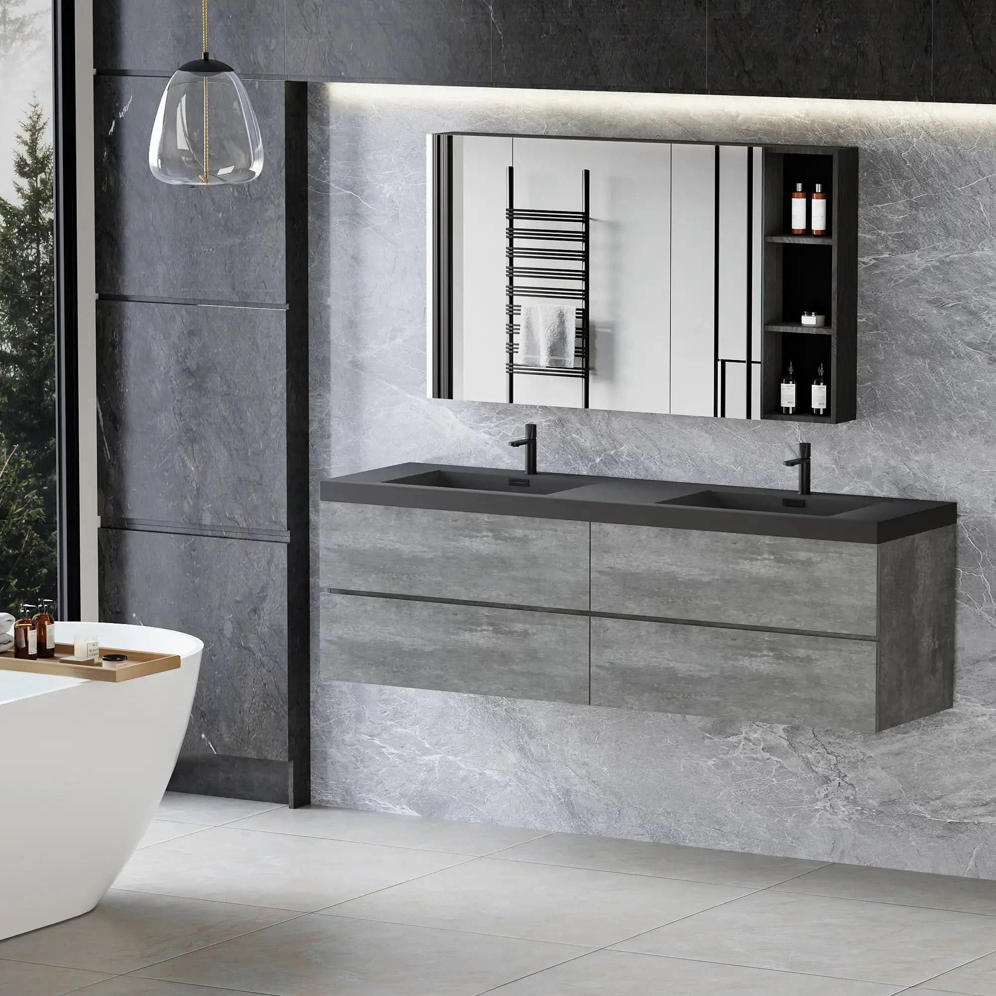 59/71&quot; Grey Modern Floating Bathroom Vanity with Double Black Quartz Top &amp; Soft Close Drawers color: Grey