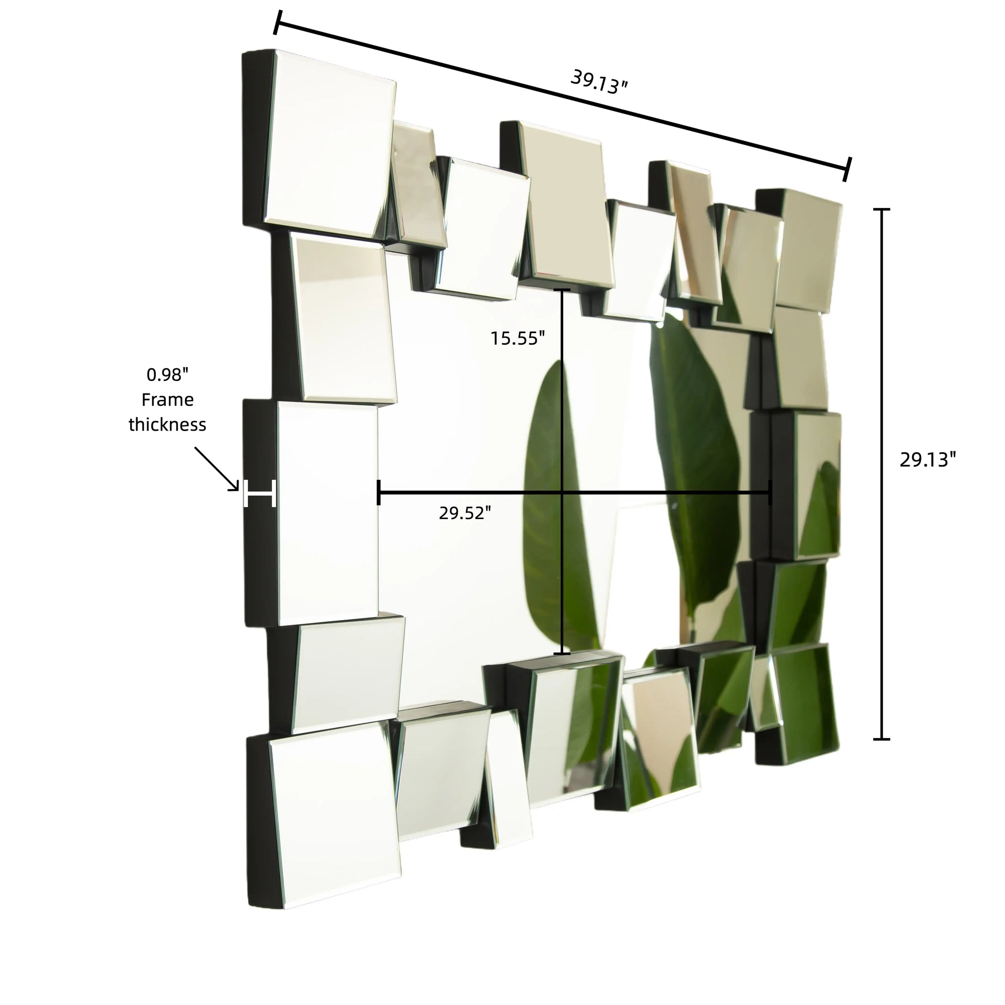 Dimension-view image of a 39 x 29 modern decorative mirror showing frame thickness and measurements | Ace Decor
