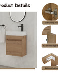 Product detail highlights of 18" wall mount bathroom sink vanity showing soft-close door, beveled edge, and rust-resistant hardware | Ace Decor