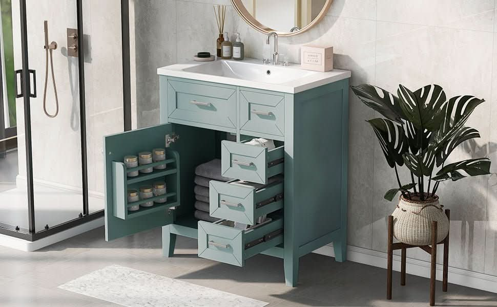 bathroom cabinet with drawers color:green