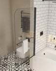 34 x 58 bathtub half glass door shown in pivot-open position with matte black frame | Ace Decor