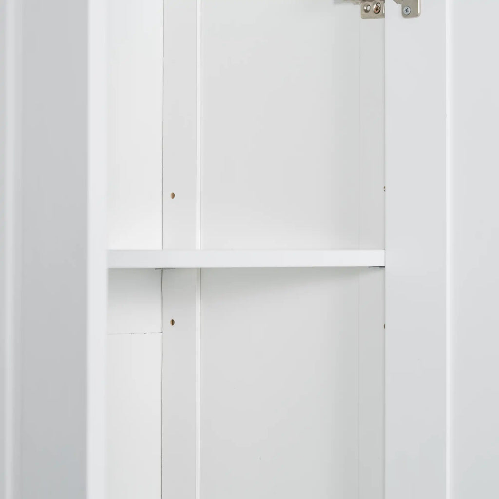Adjustable shelf detail of white tower bathroom cabinet, flexible height options for customized storage.