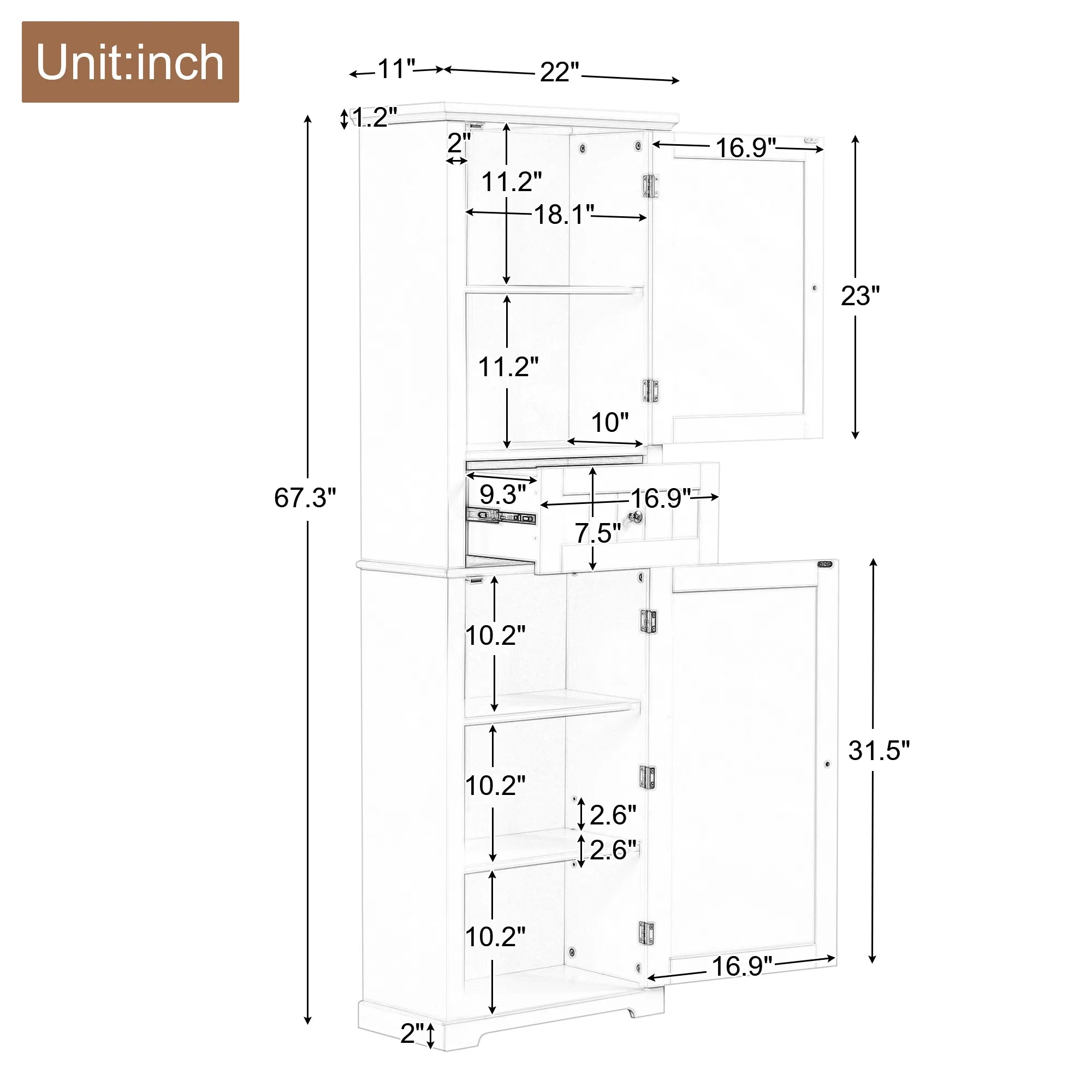 Dimensions diagram of the Norrin 67.3" bathroom storage cabinet.