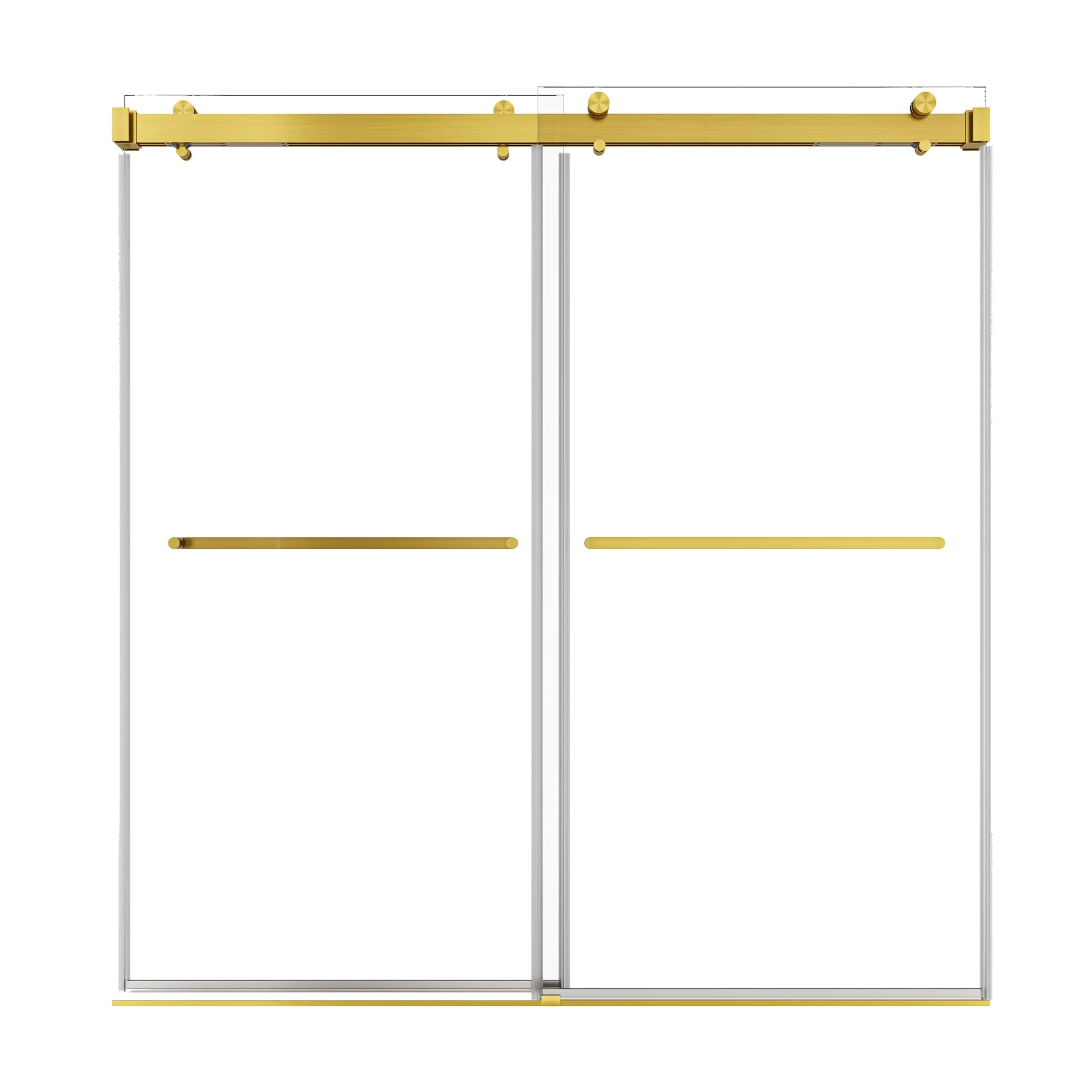 76 x 76 double sliding shower door with frameless clear tempered glass and brushed gold hardware | Ace Decor