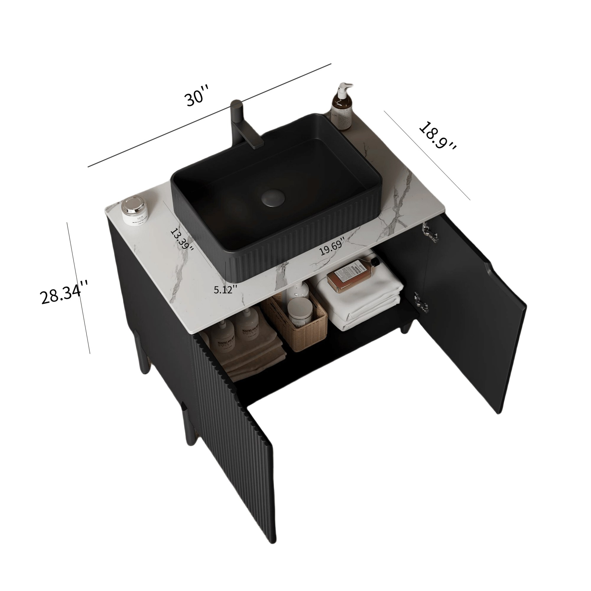 30&quot; X 19&quot; X 33&quot; Bathroom Vanity with Sink: Freestanding Storage Cabinet, White Ceramic Basin, Carrara Stone Countertop color: Black