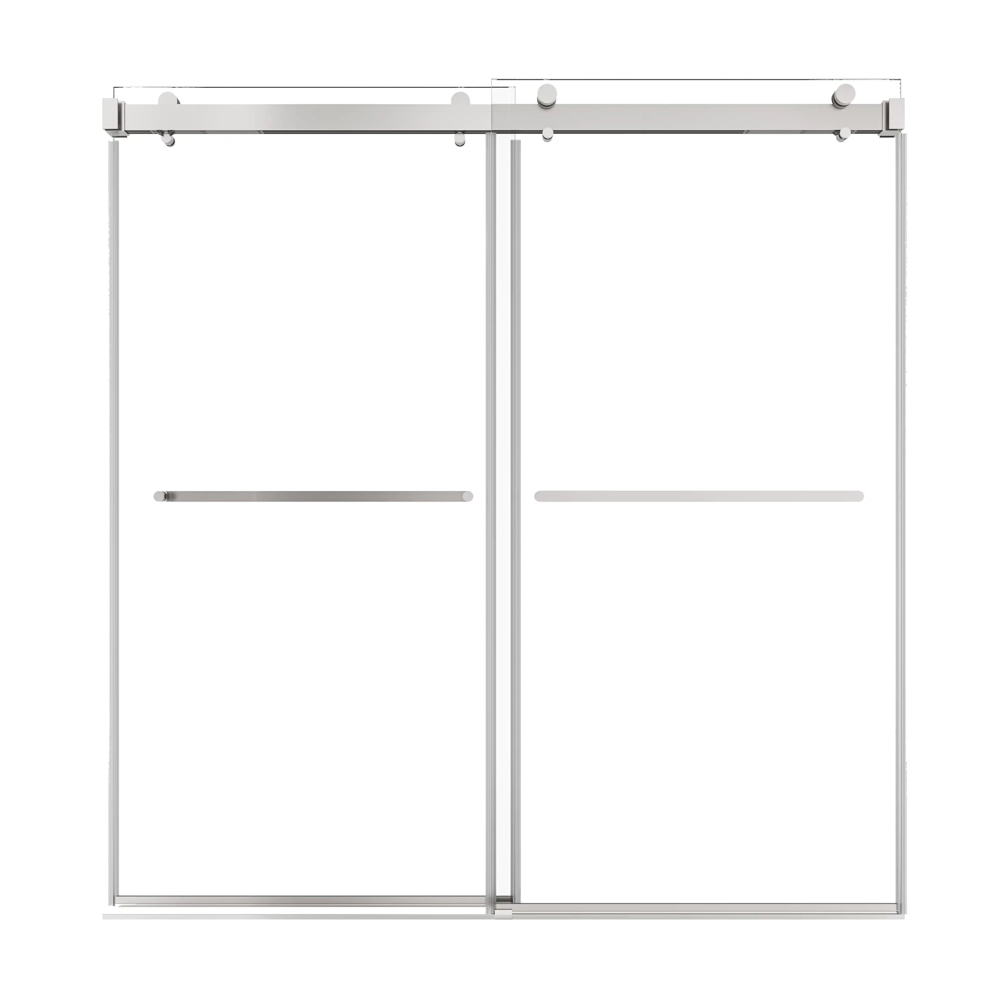 76 x 76 chrome sliding shower doors for walk-in shower with frameless modern design and dual towel bar handles | Ace Decor