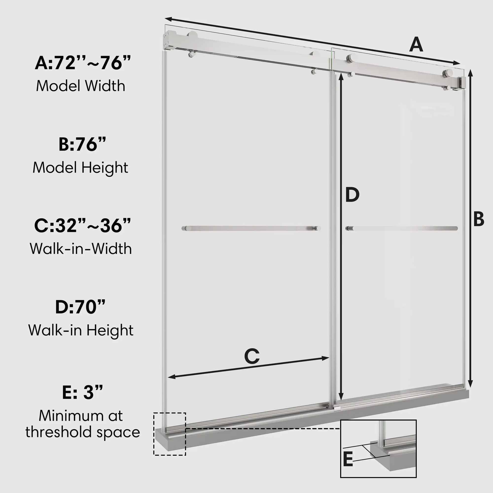 Dimension diagram of 76 x 76 chrome sliding shower doors for walk-in shower showing model width, height, and walk-in measurements for installation reference | Ace Decor
