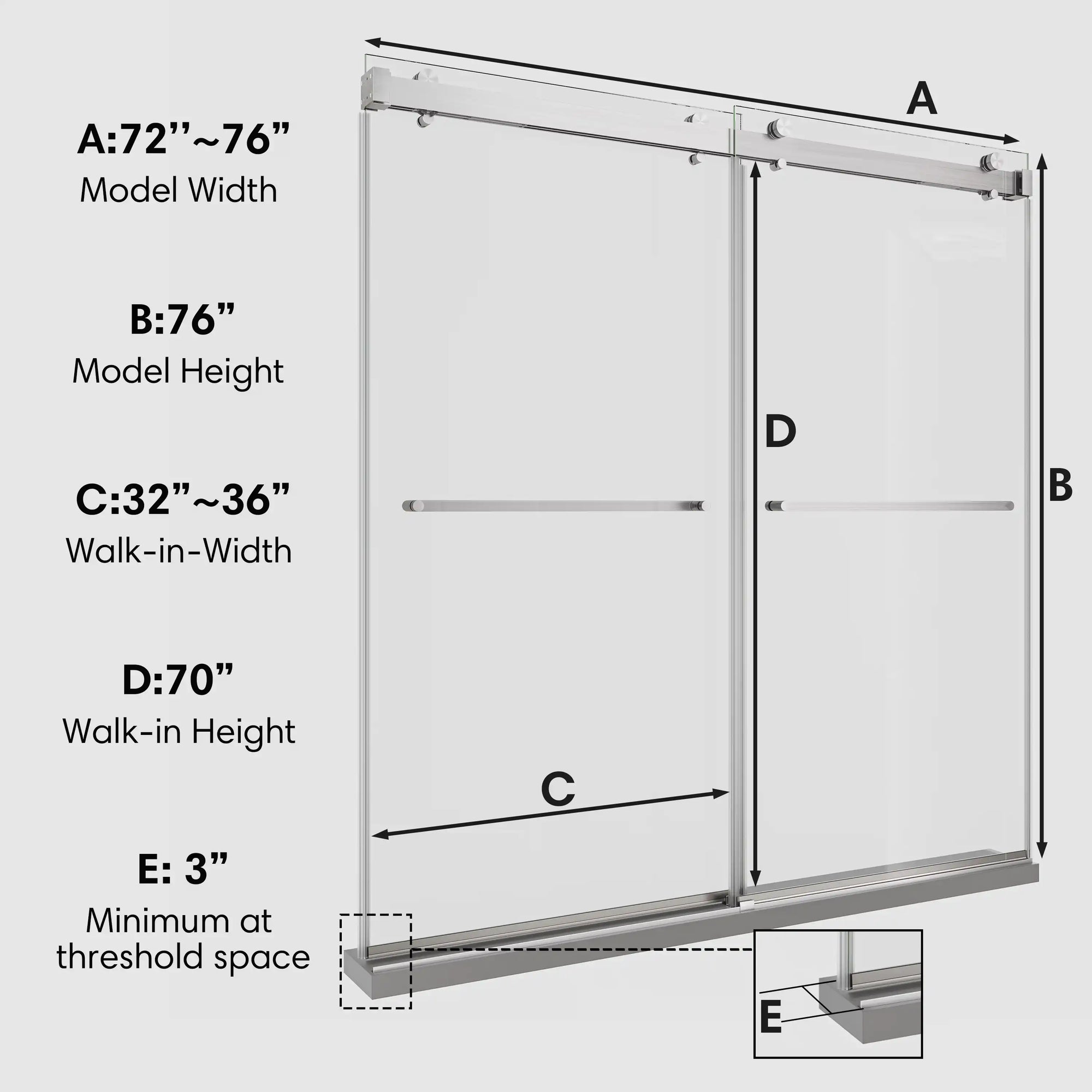 76 x 76 brushed nickel buy frameless shower doors dimension chart showing model width, height, and walk-in space | Ace Decor