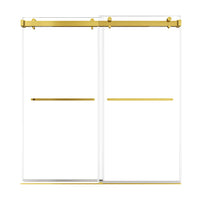 76 x 76 double sliding shower door with frameless clear tempered glass and brushed gold hardware | Ace Decor