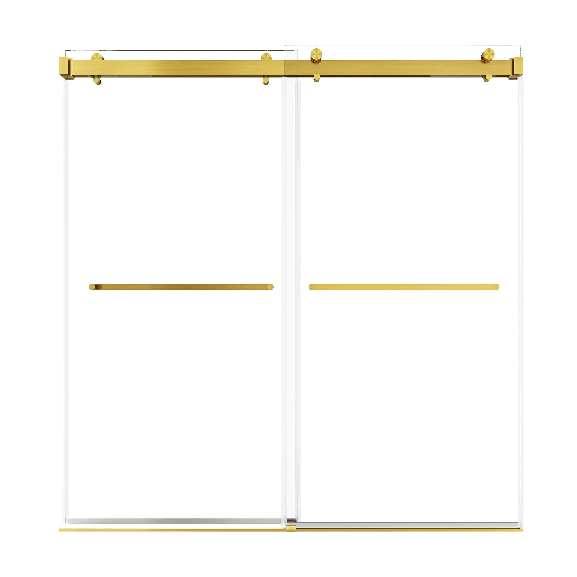 76 x 76 double sliding shower door with frameless clear tempered glass and brushed gold hardware | Ace Decor