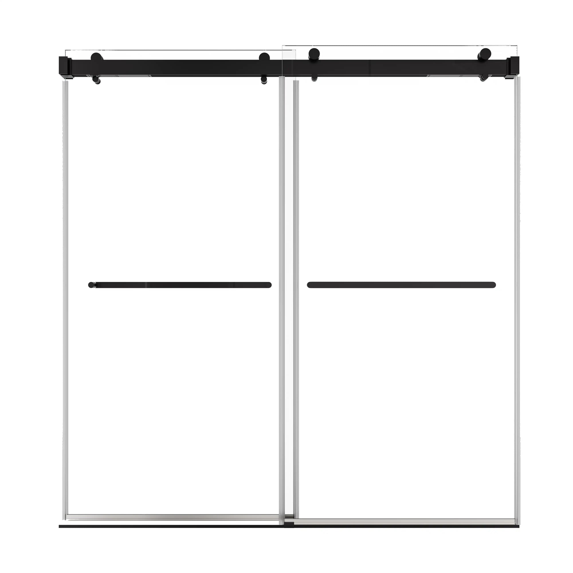 76 x 76 frameless double sliding shower door with sleek matte black handles and modern minimalist design | Ace Decor