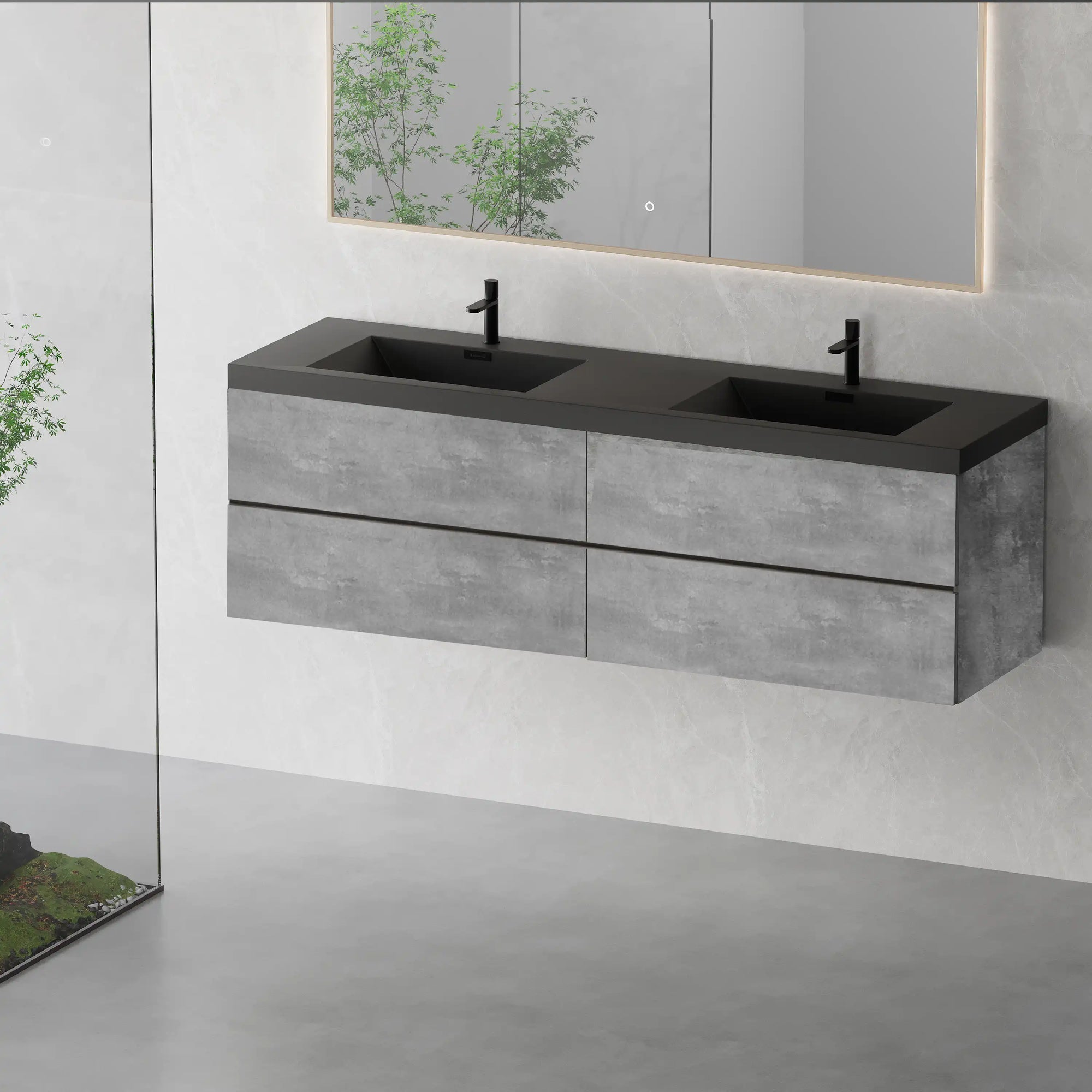 Side view of grey floating vanity 72 x 19 with dual sinks | Ace Decor