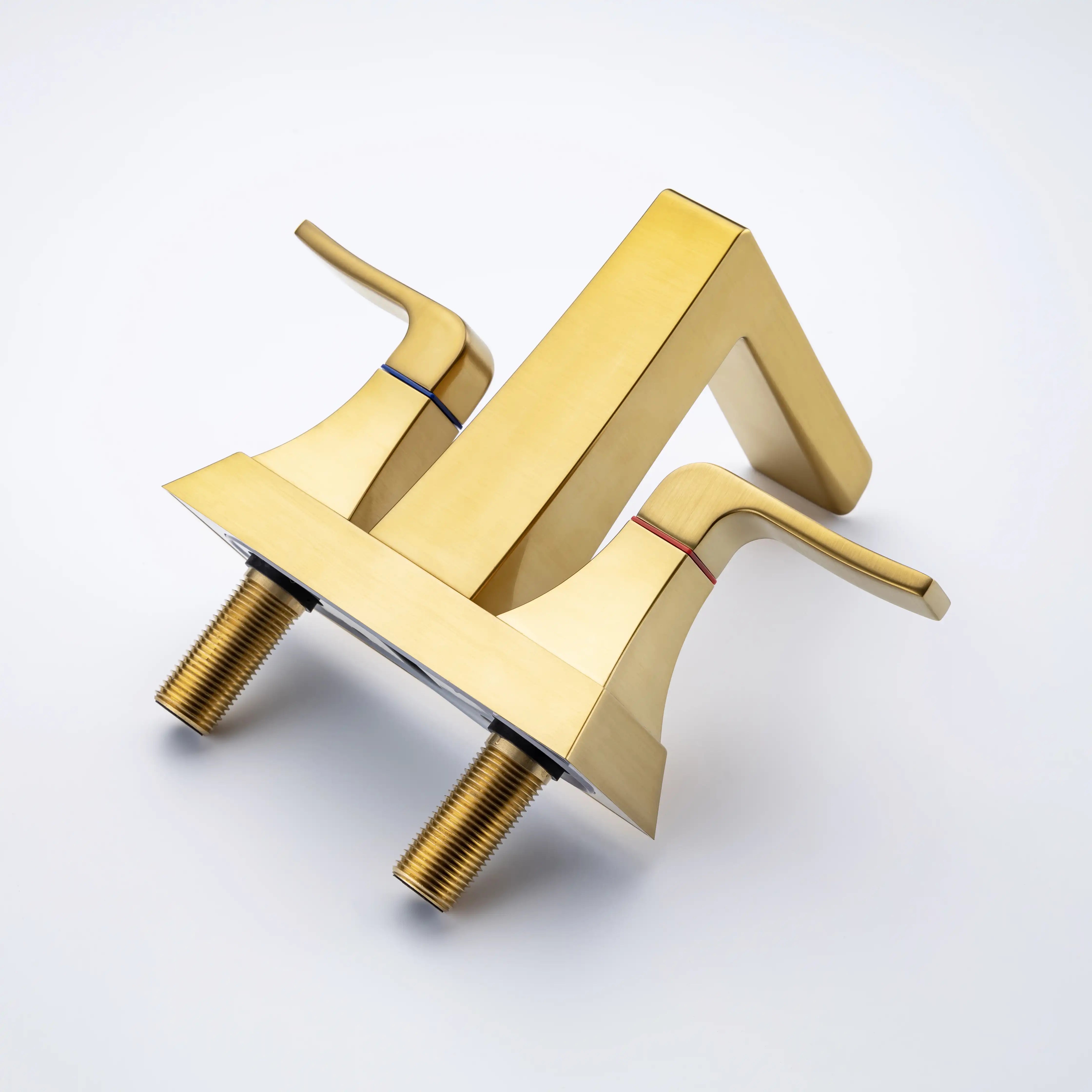 Aurora Series brushed gold widespread bathroom faucet rear view, showing deck-mounted design