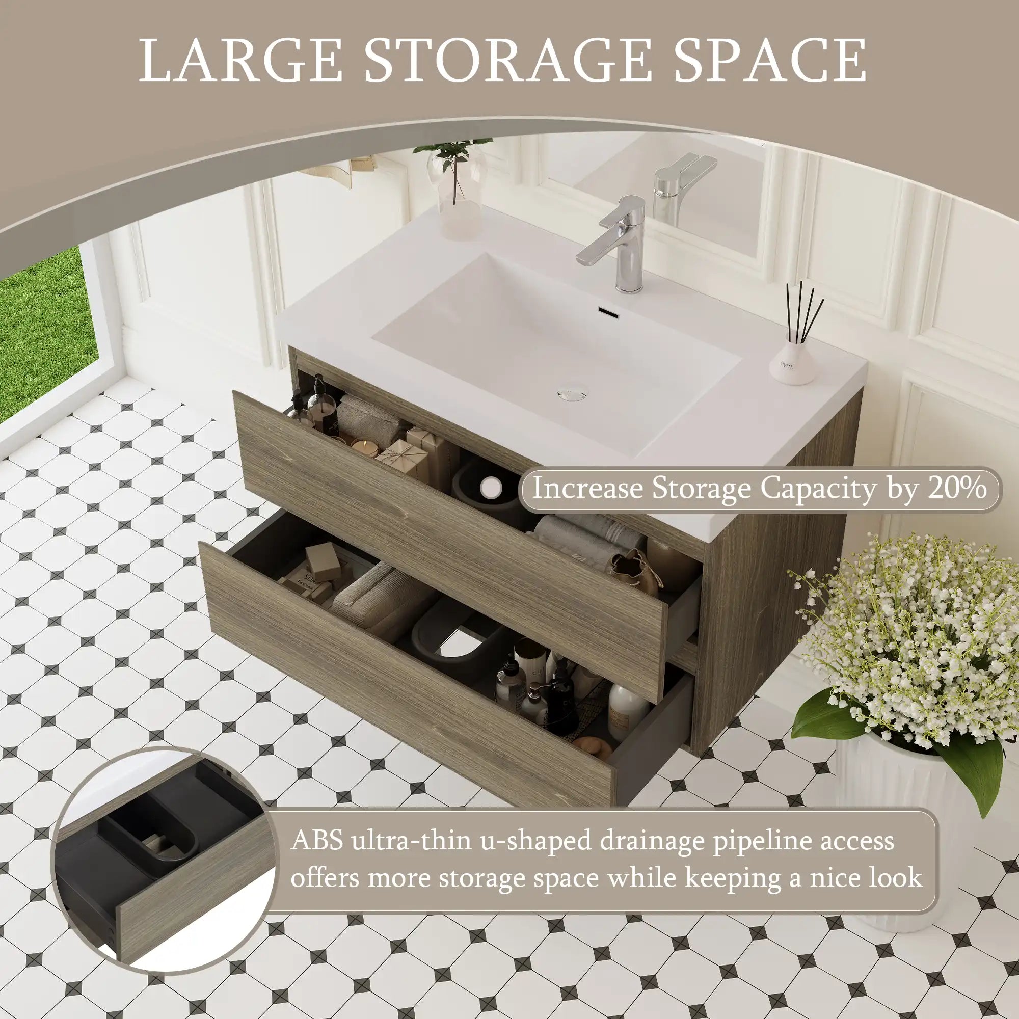 Oakmere Series 36" Ash Grey Bathroom Floating Vanity with Resin Sink &amp; 2 Soft-Close Drawers