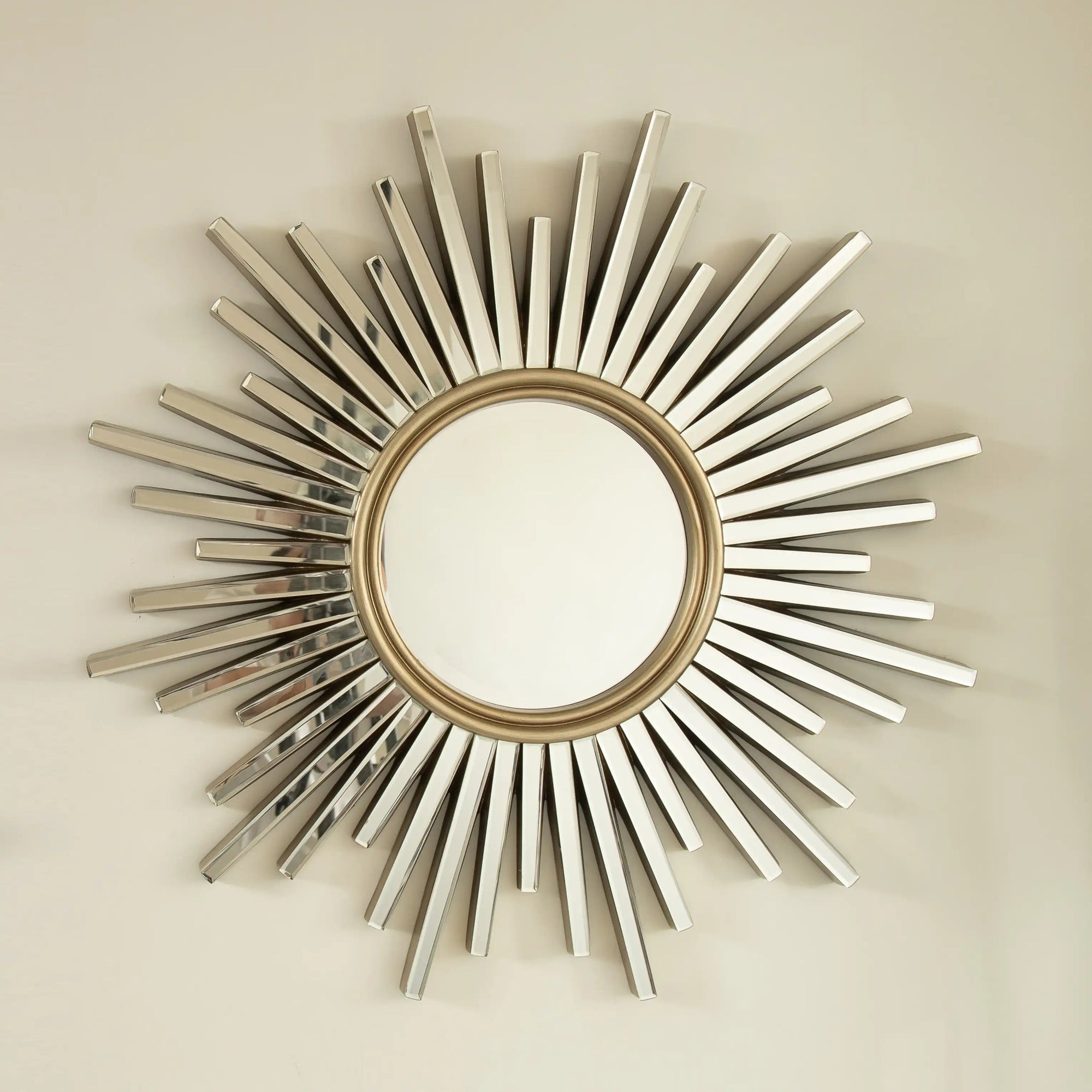 PrismAura Collection - 33&quot; Sunburst Round Wall Mirror with PU &amp; Beveled Glass Frame