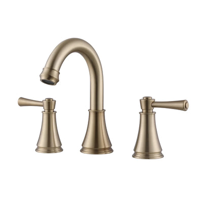 VALMIRA Brushed gold sink faucet with curved spout and matching handles.
