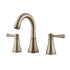 VALMIRA Brushed gold sink faucet with curved spout and matching handles.