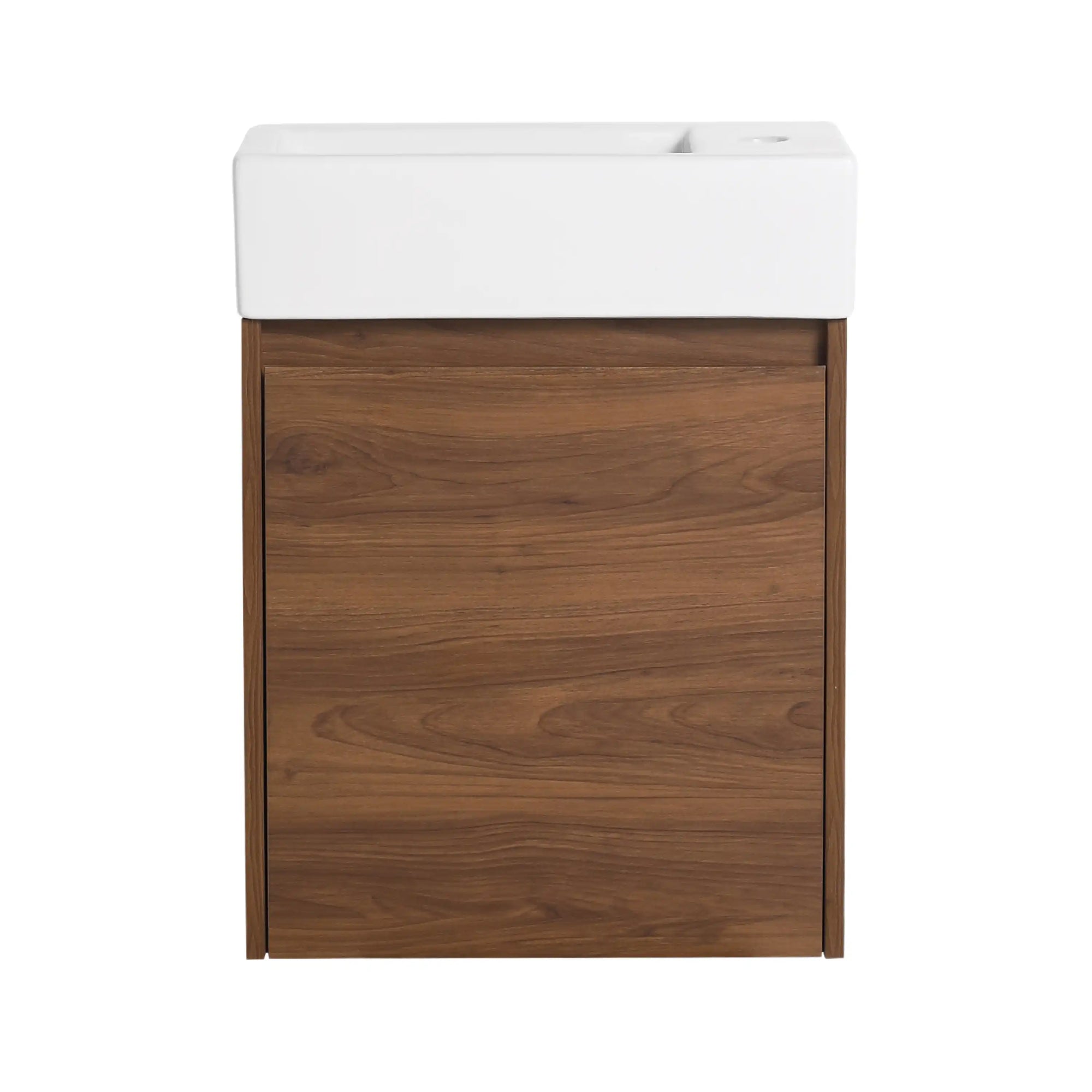 18" small makeup vanity front view with ceramic sink and walnut cabinet | Ace Decor