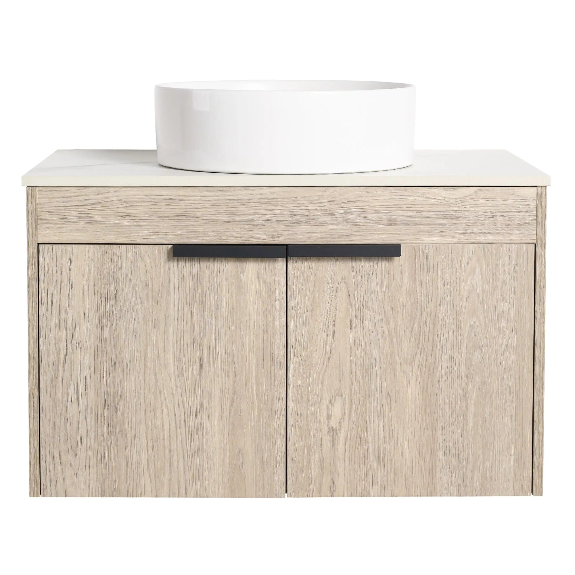 30" bathroom vanity with vessel sink 30 inch front view with cylindrical white basin and wall-mounted oak cabinet | Ace Decor