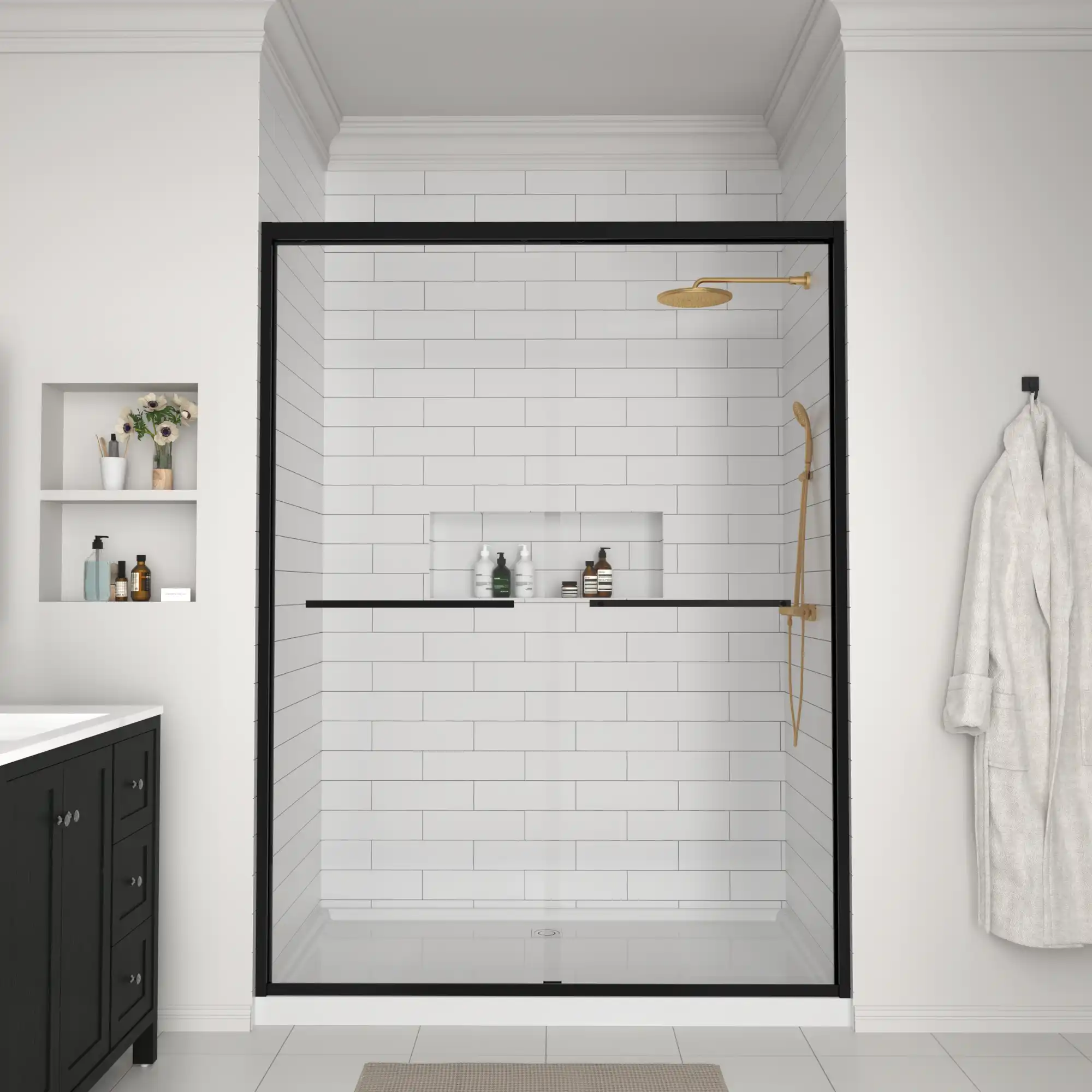 Front bathroom view showcasing matte black framed 60 x 70 sliding shower door.