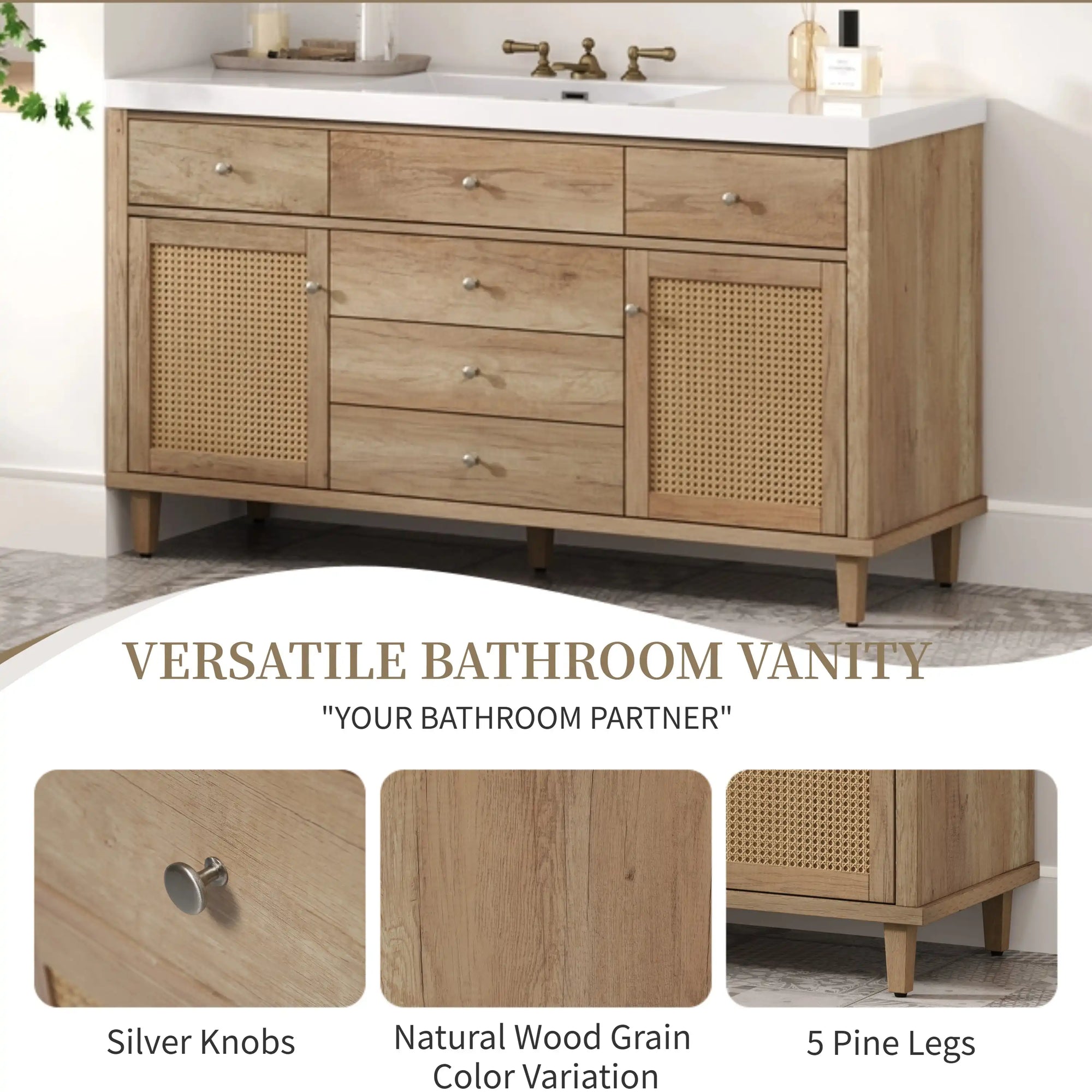 Soleil 60&quot; Bathroom Vanity with Sink, Natural Wood Cabinet with Drawers