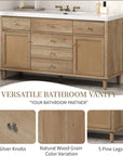 Soleil 60" Bathroom Vanity with Sink, Natural Wood Cabinet with Drawers