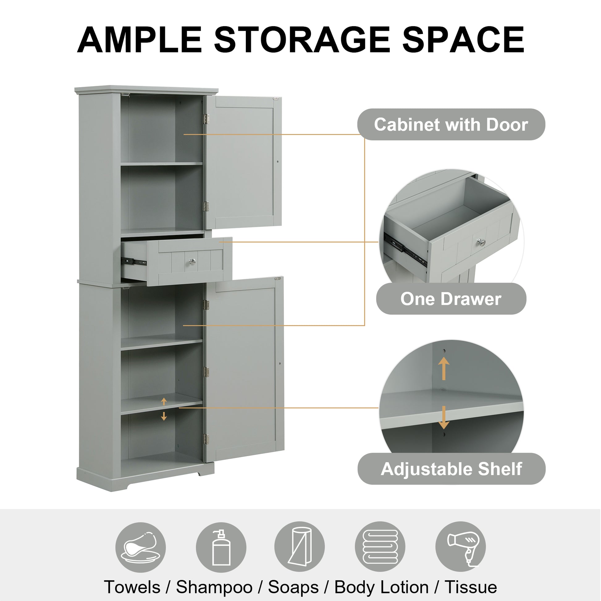freestanding tall bathroom storage cabinet with one drawers color:grey
